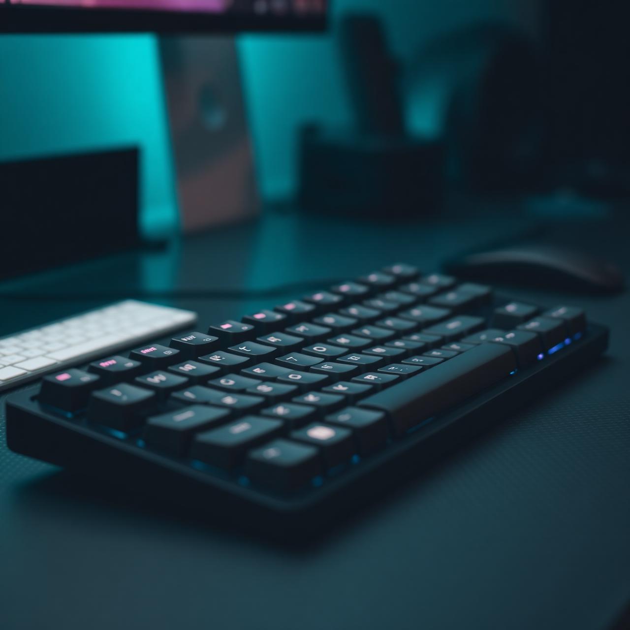 Setup de home office com teclado mecânico em iluminação ambiente cyan